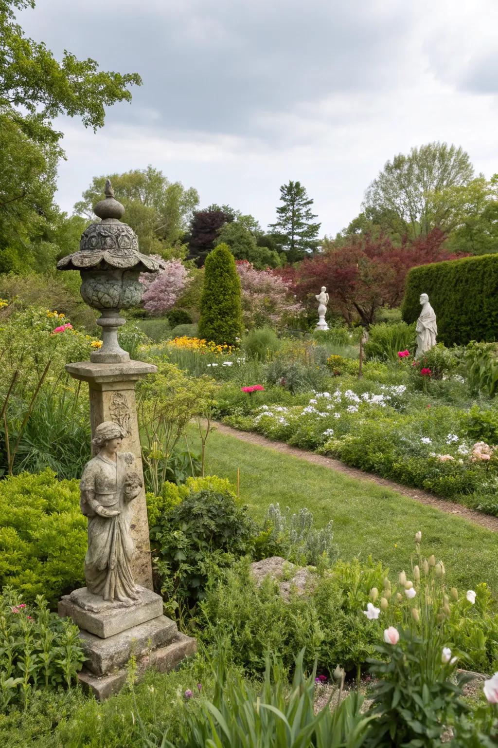 Artistic sculptures provide visual interest in the garden.