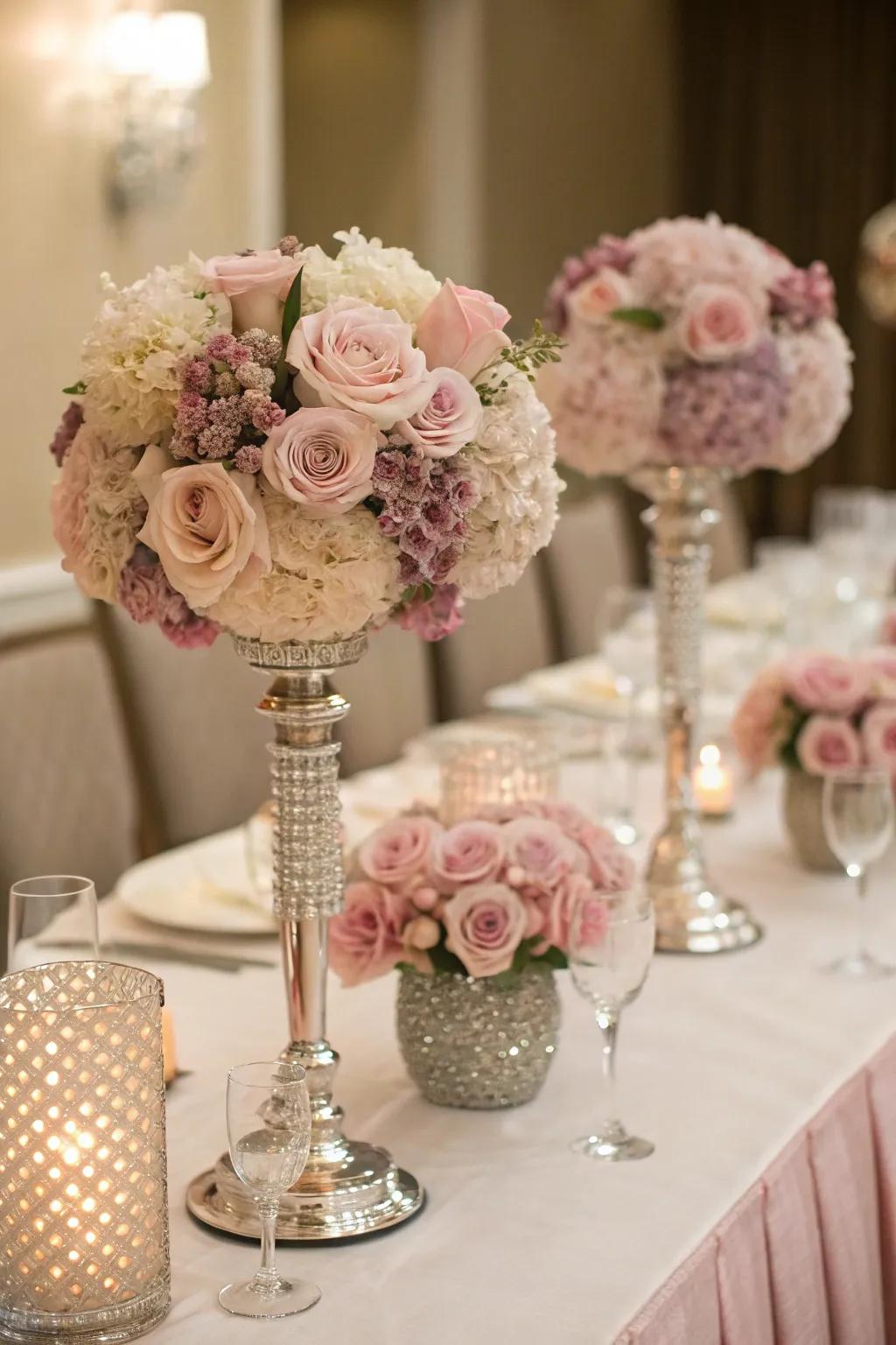 Striking dusty rose and crystal centerpieces.