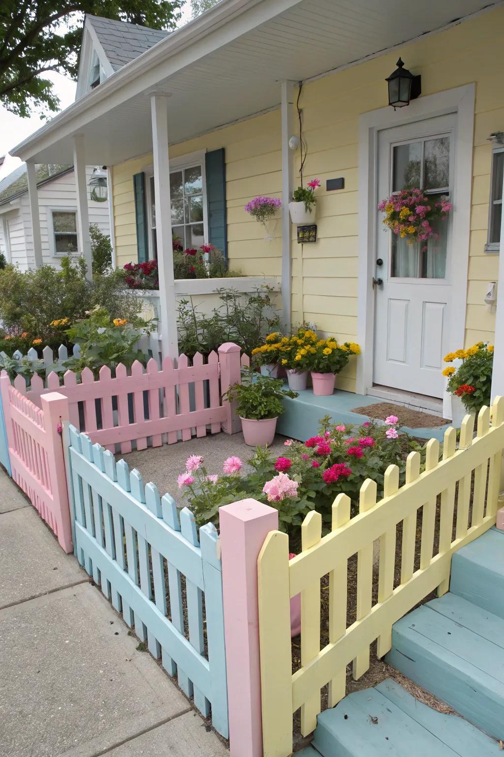 Mini picket fences offer a quaint and colorful border.