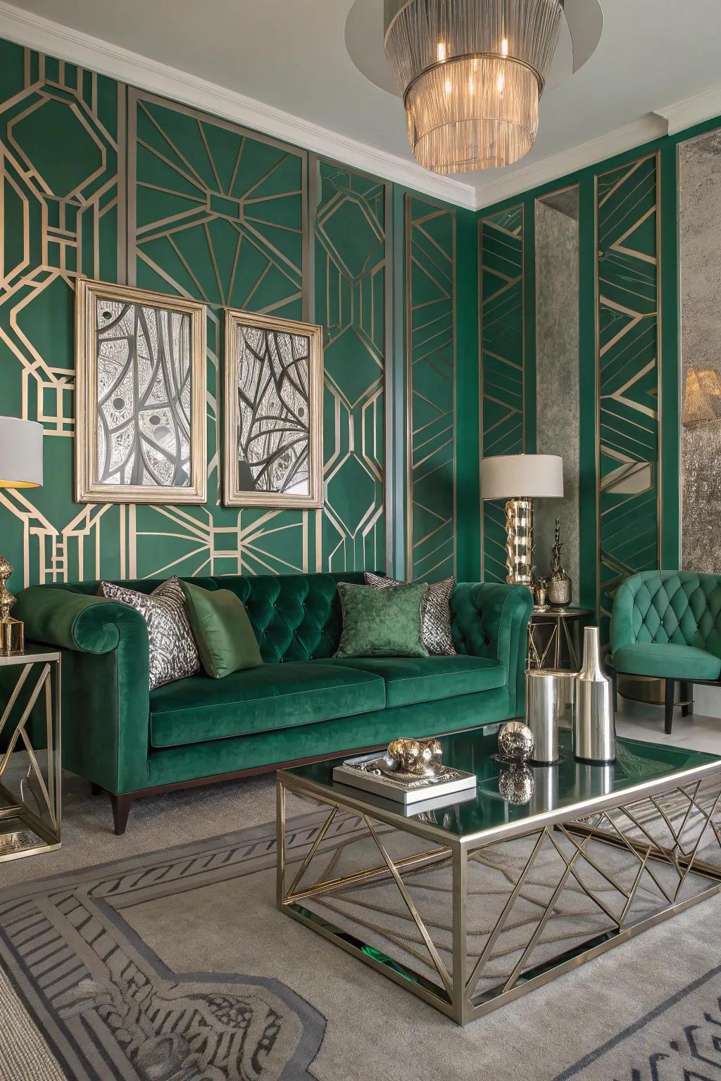 Art Deco influence with geometric shapes and luxurious materials.