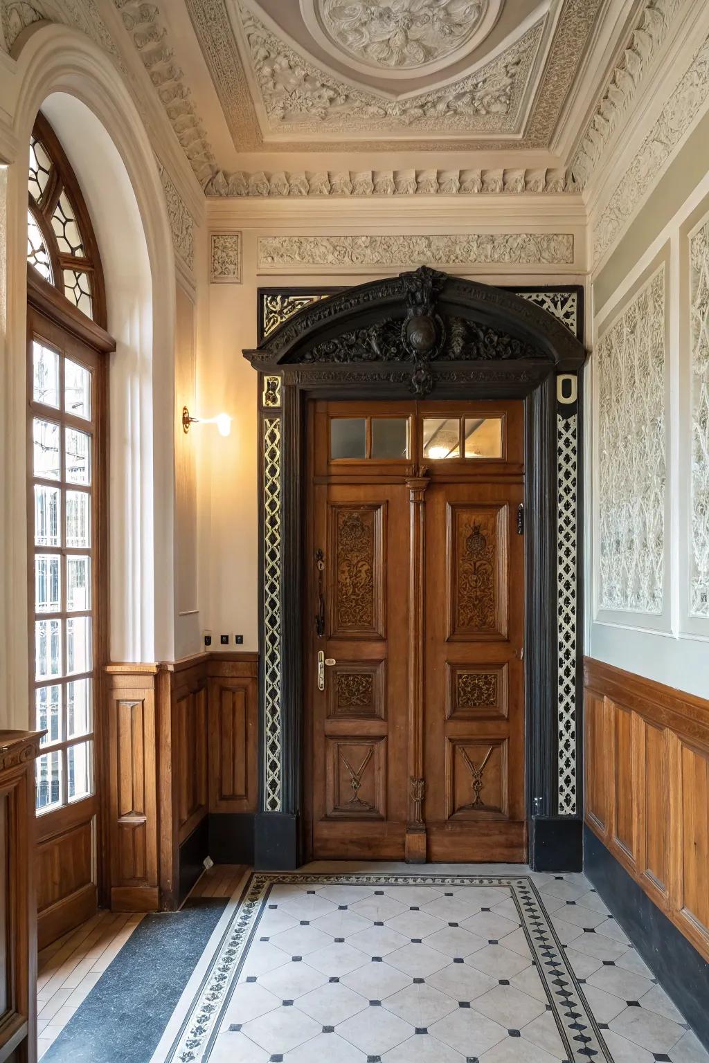 Contrasting trim enhances the visual appeal of entryway paneling.