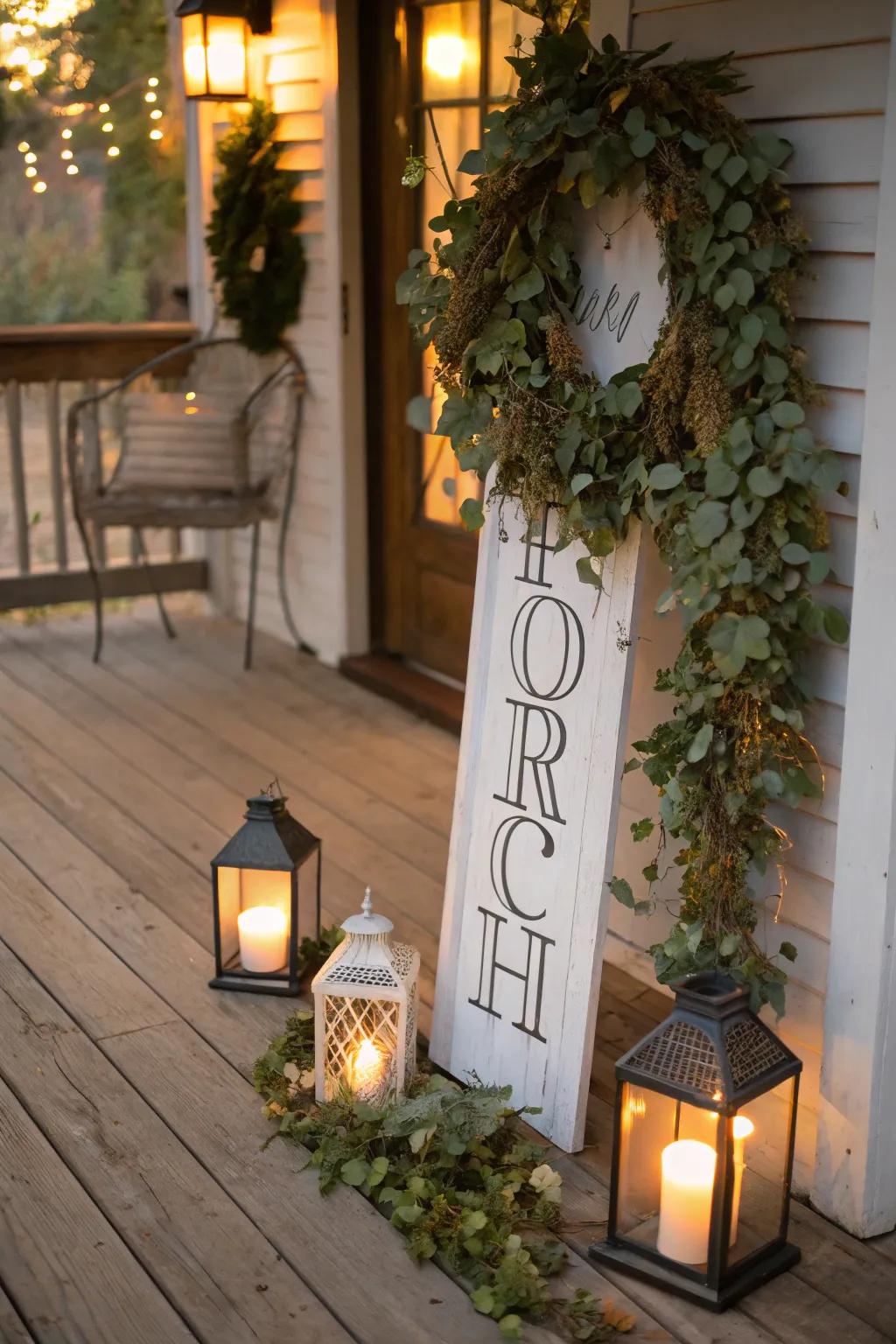 Create a welcoming glow with lanterns and a leafy wreath.