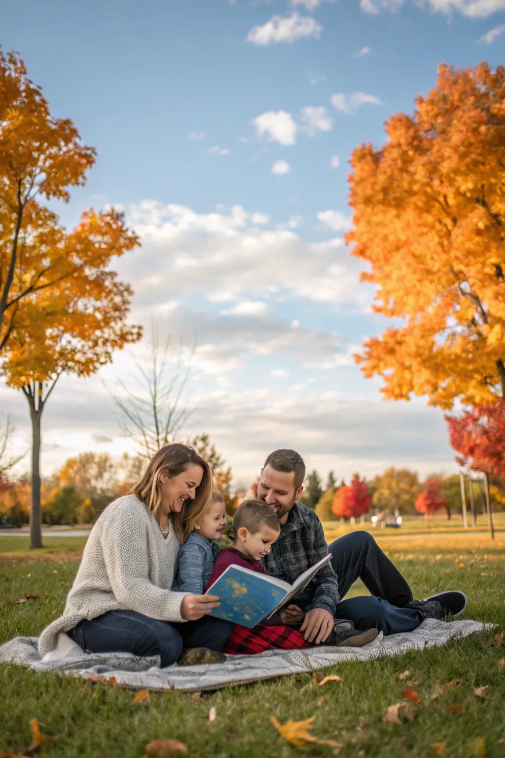 Storytime in the park creates a whimsical and thoughtful moment for family photos.