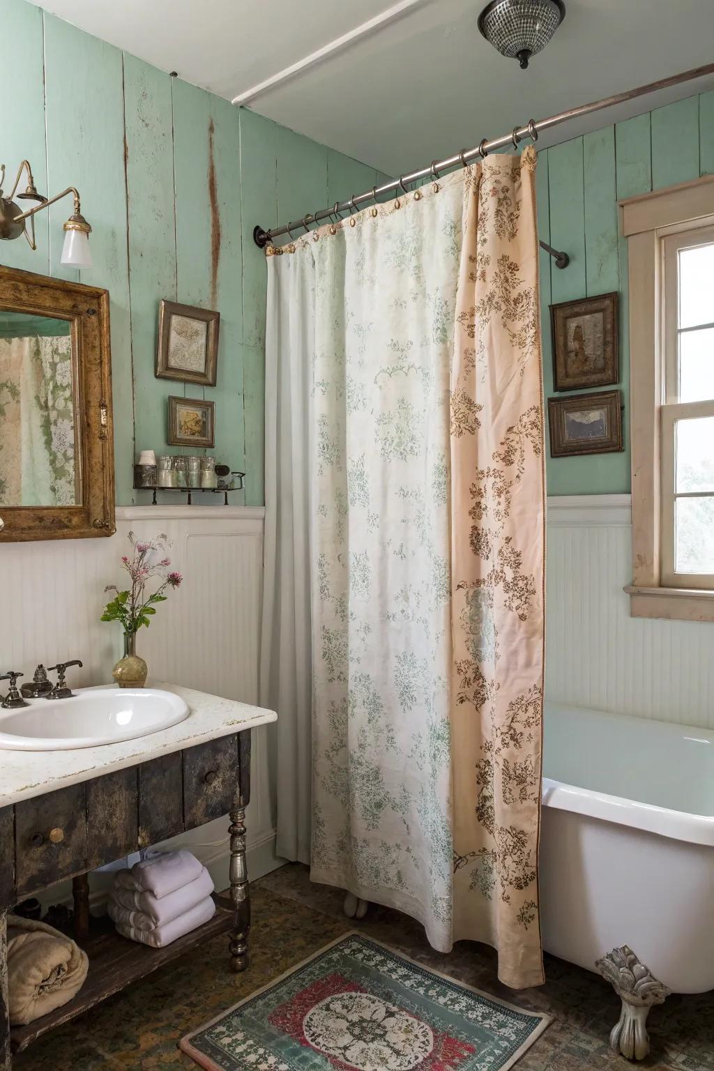 A bathroom featuring a weathered look shower curtain and vintage decor elements.