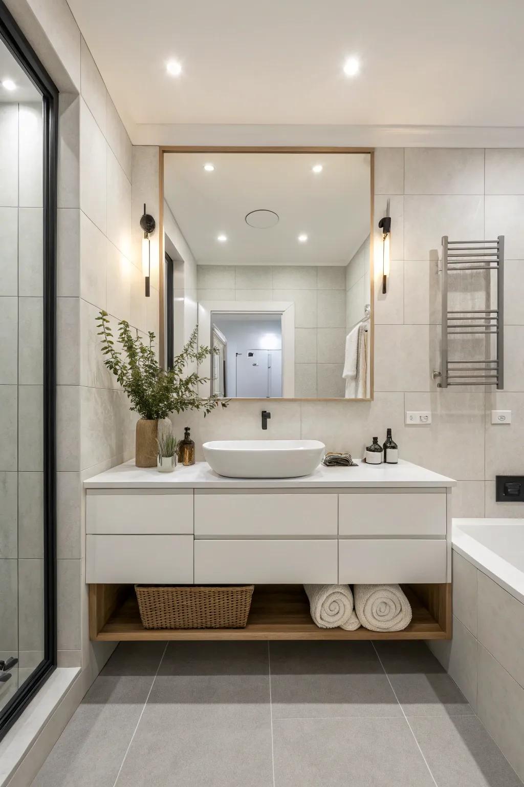 A floating vanity maximizes space and style in this small bathroom.