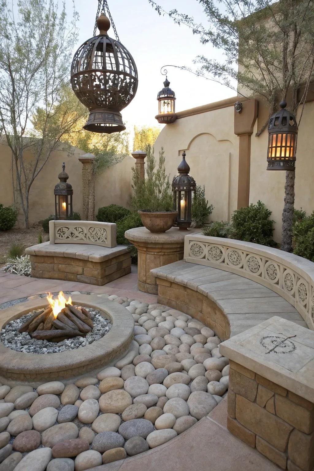 Sculptural stone benches blend function with artistry around the fire pit.