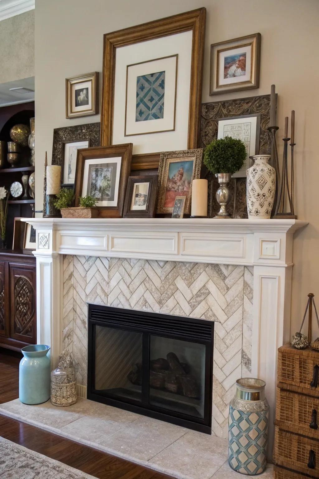 Dynamic layers adding movement and interest to the mantel decor.