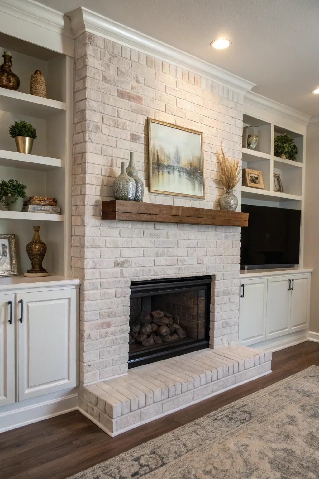 A fresh coat of paint revitalizes this brick fireplace.