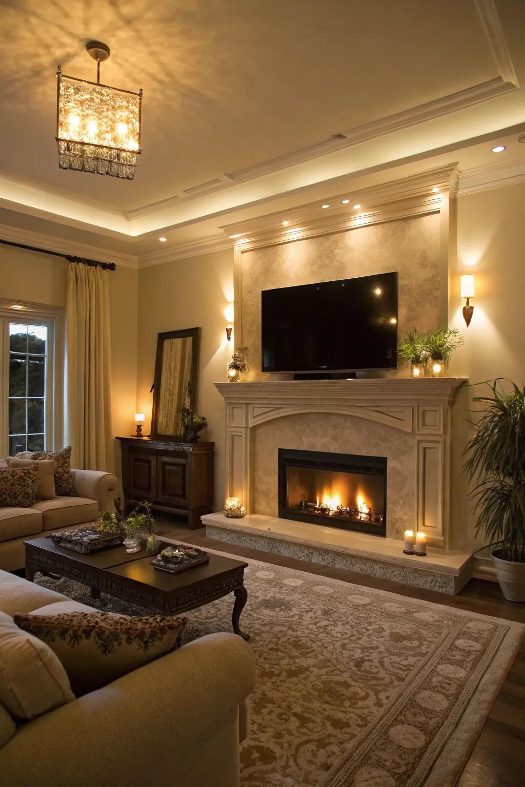 Warm lighting accents highlight a fireplace and TV in a living room.