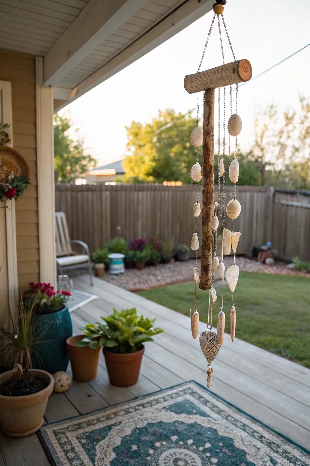 Seashell and driftwood wind chimes offer soothing sounds.