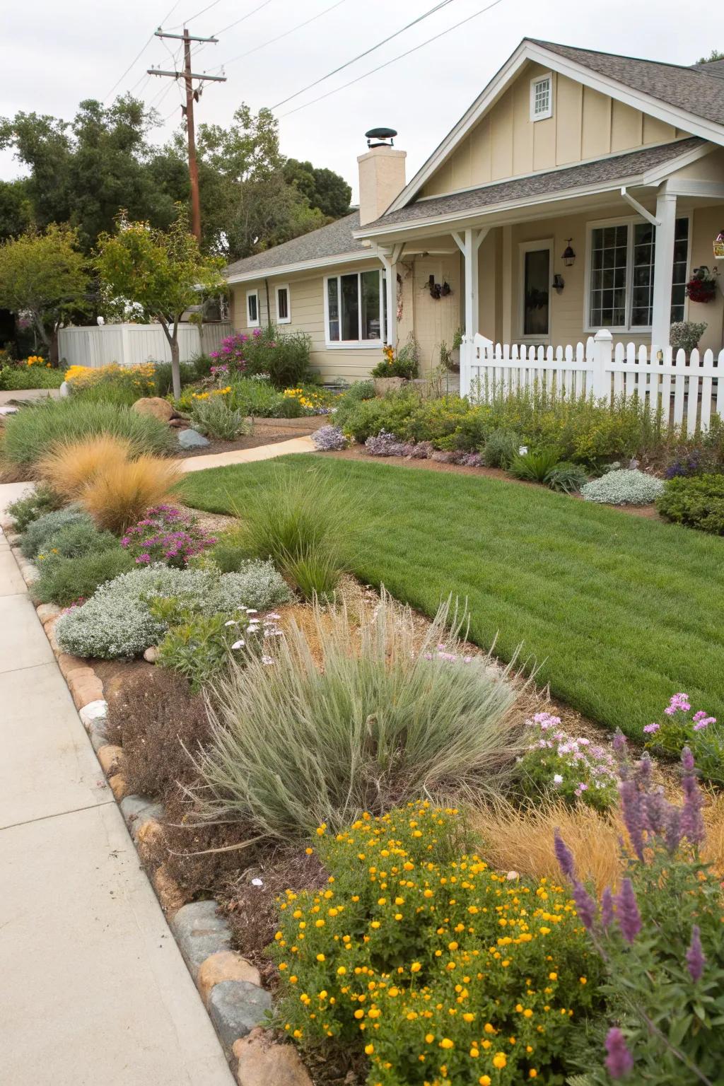 Sustainable water-wise landscaping in a ranch-style yard