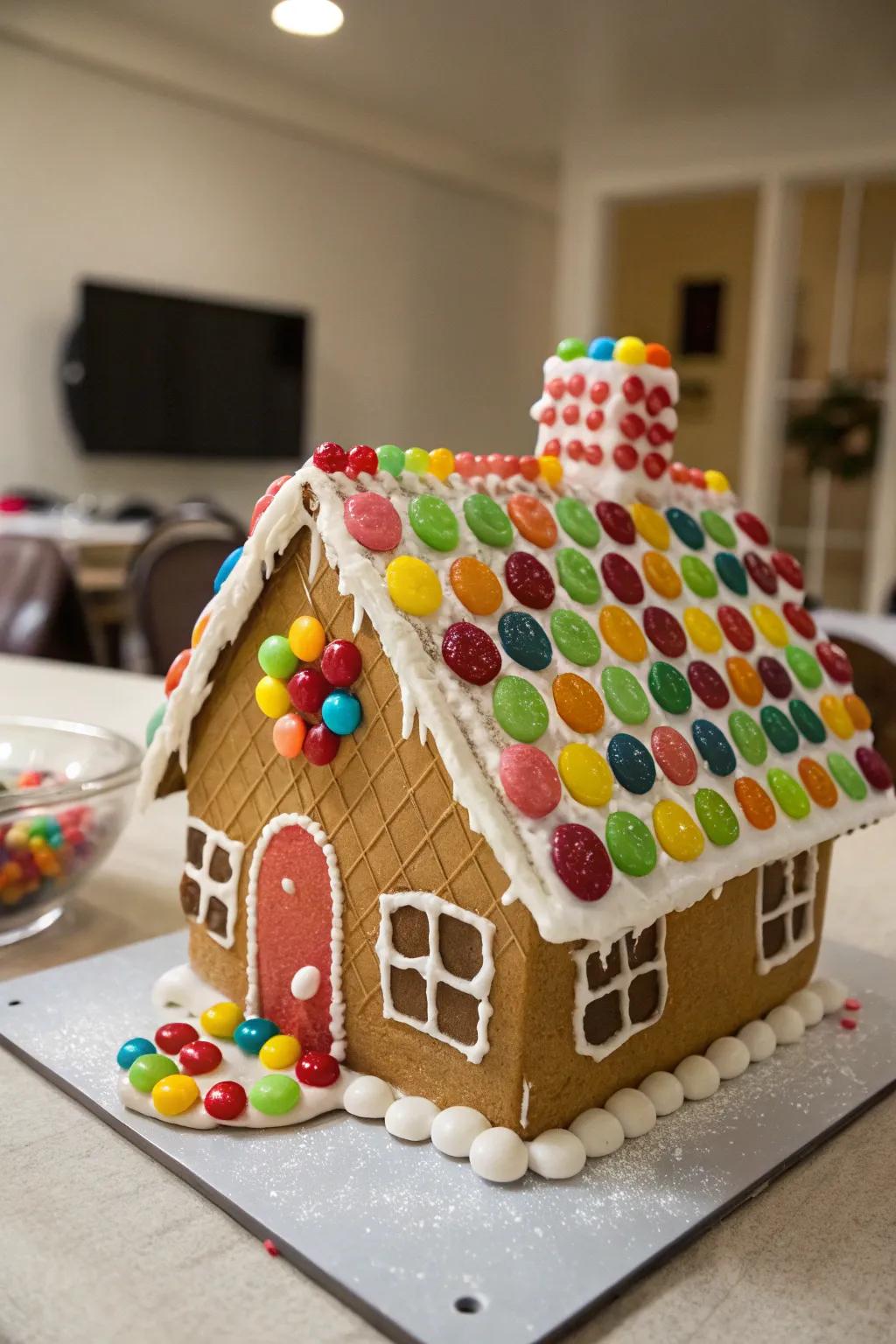 A gingerbread house with a colorful candy roof