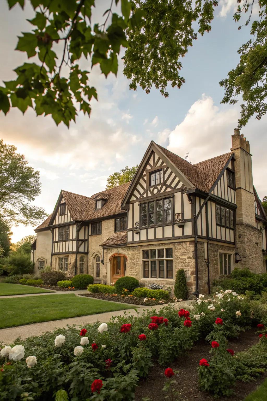 Tudor-style gables add storybook charm.