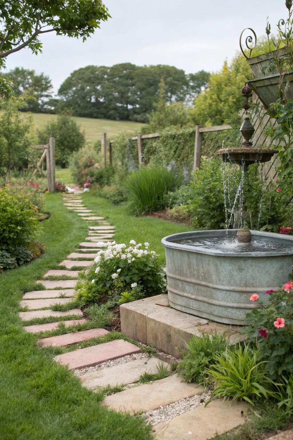 A stepping stone pathway leads to a charming trough fountain.