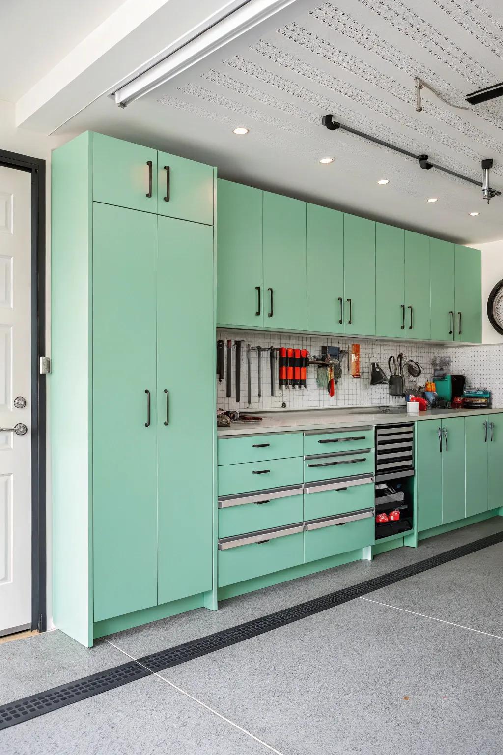 Mint green cabinets refresh and invigorate the space.