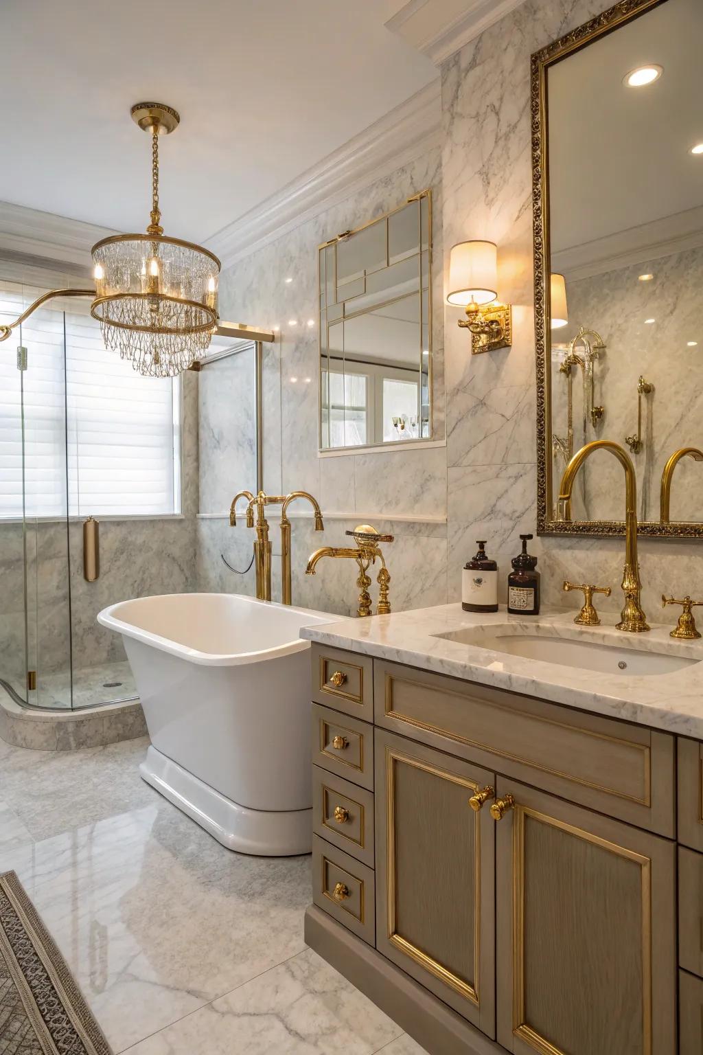 An elegant bathroom with mixed metal fixtures.