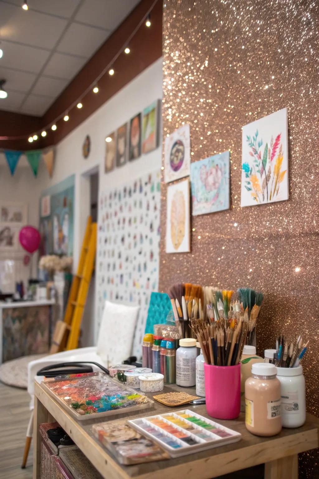 A glitter accent wall inspires in an art studio.