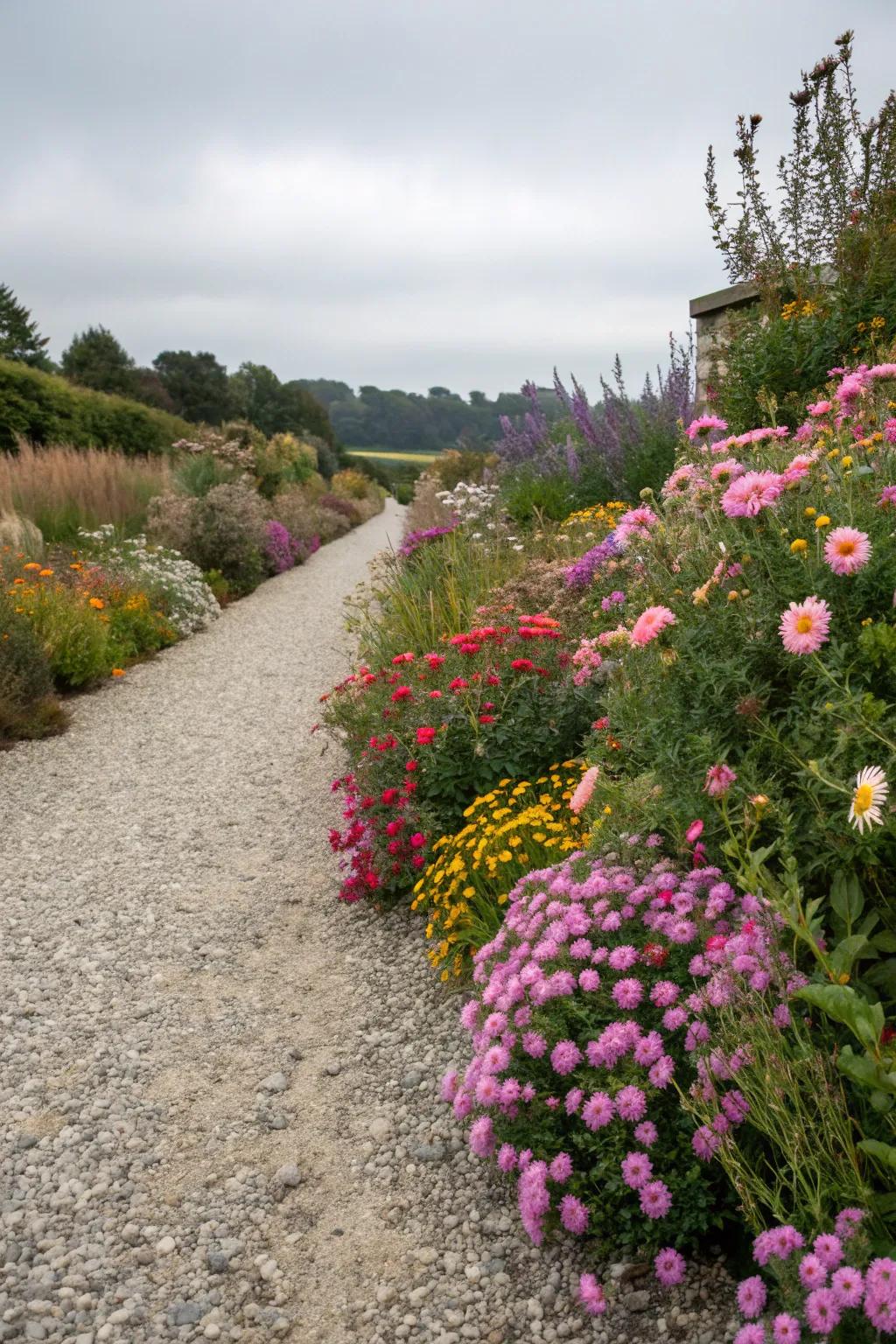 A dynamic gravel flower bed with rotating seasonal flowers