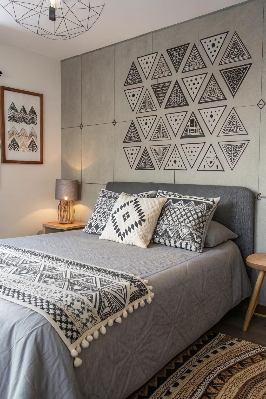 Geometric patterns add a modern edge to a gray setting.