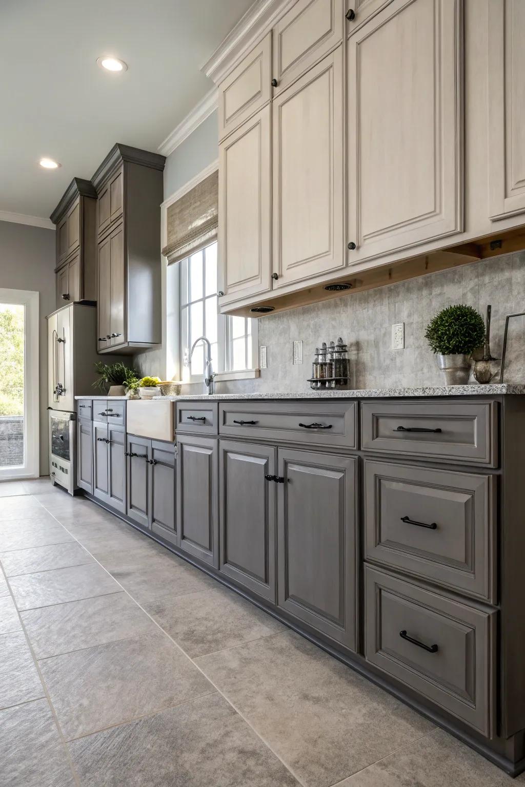 Mixing gray tones in cabinets creates depth and interest.