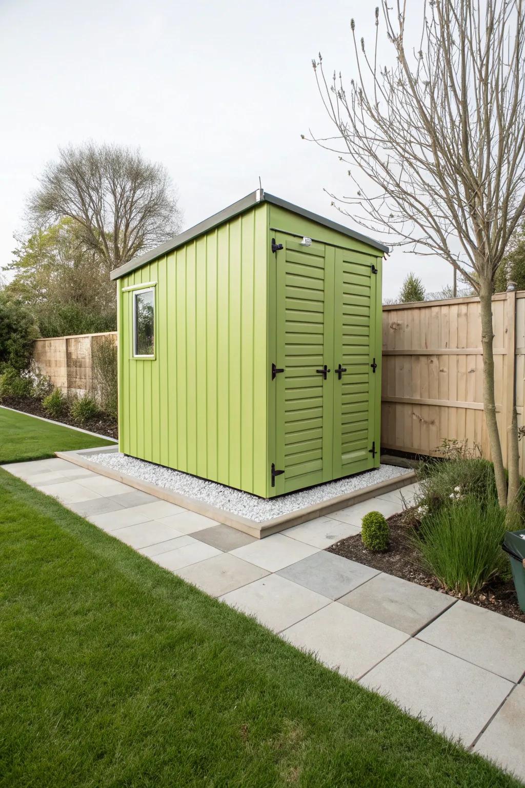 A lime green shed creates a vibrant and modern focal point.