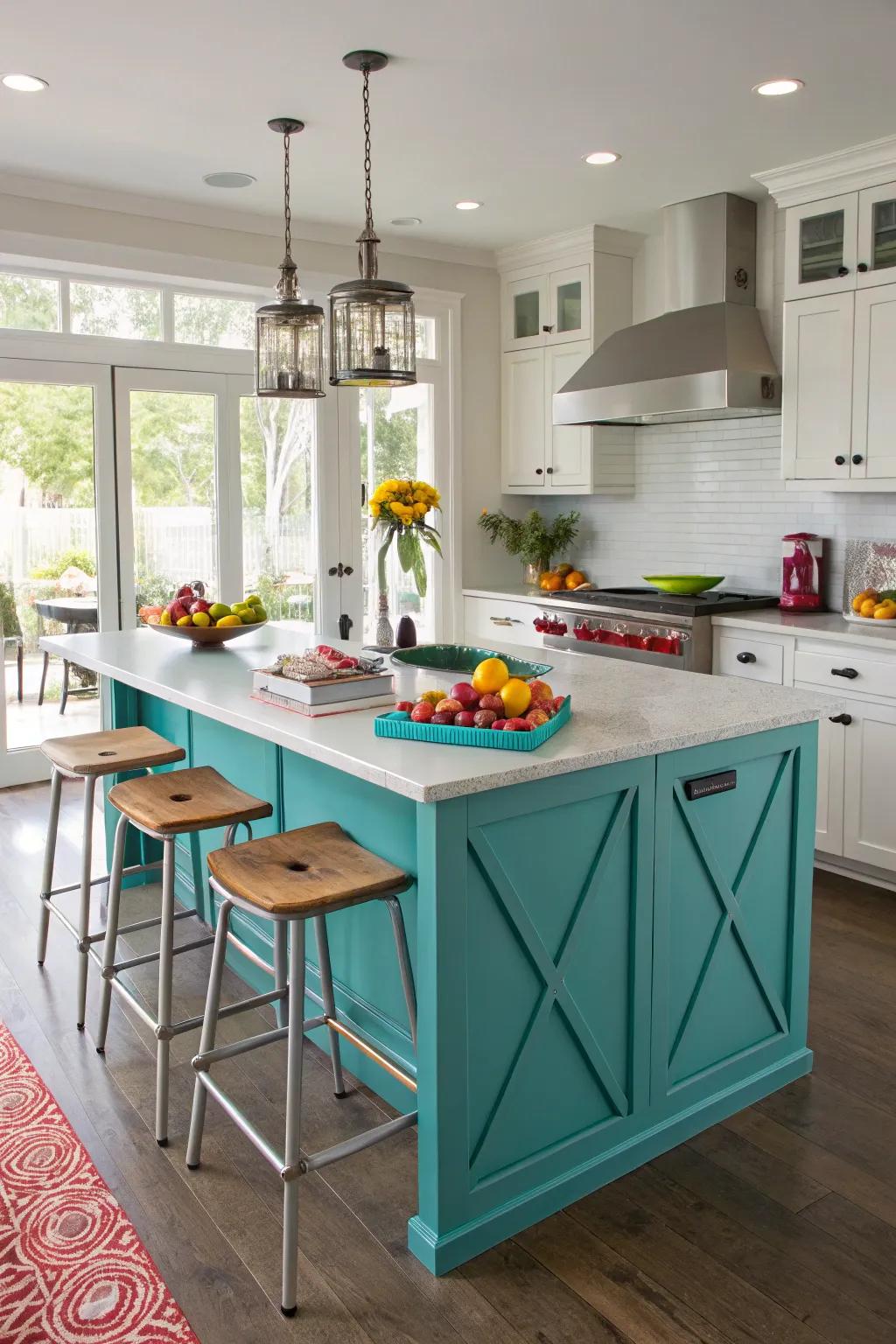 A turquoise island becomes the kitchen's vibrant heart.