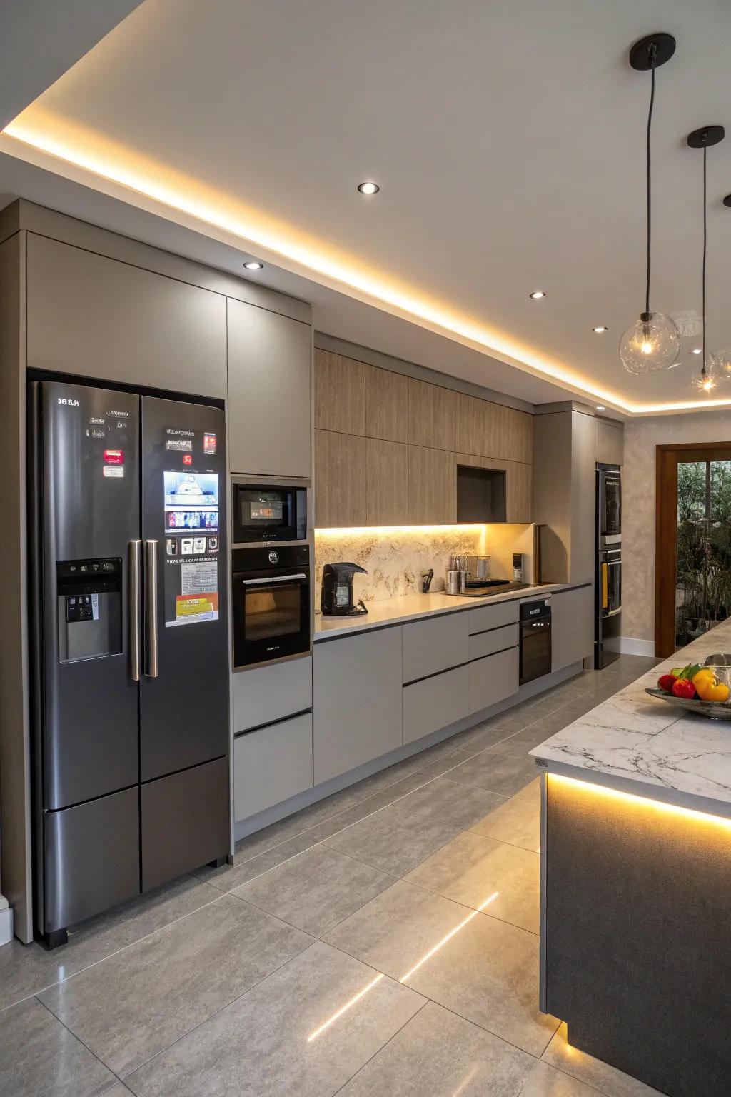 Smart technology elevates the functionality of a grey kitchen.