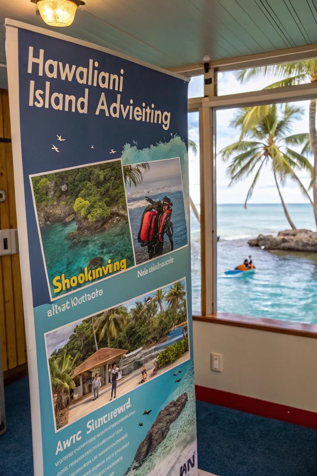 A poster of Hawaiian island activities like snorkeling adding excitement to a room.