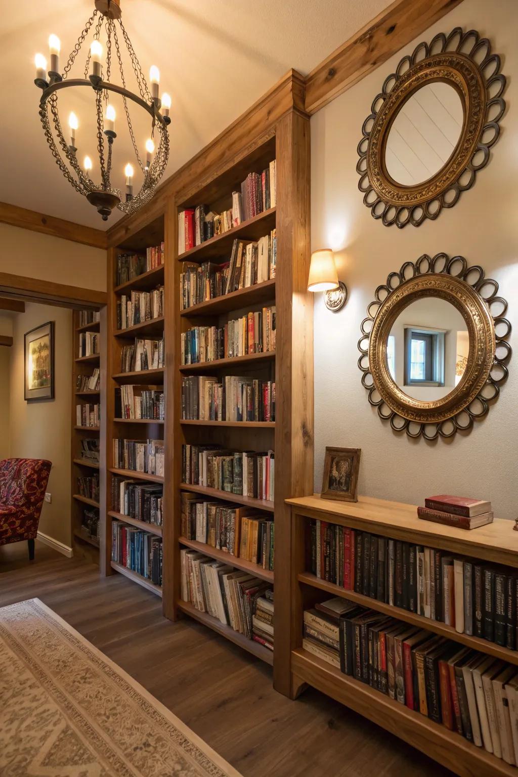 Decorative mirrors add depth and light to the library.