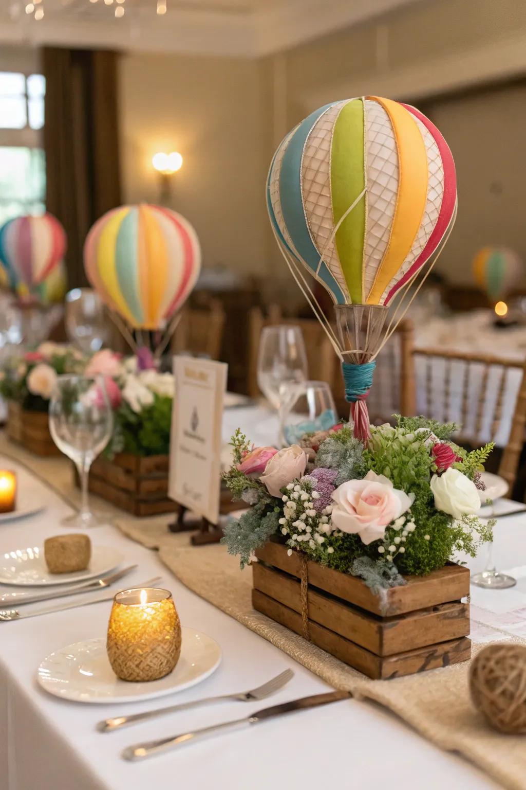 Mini hot air balloon models marking each guest's seat.