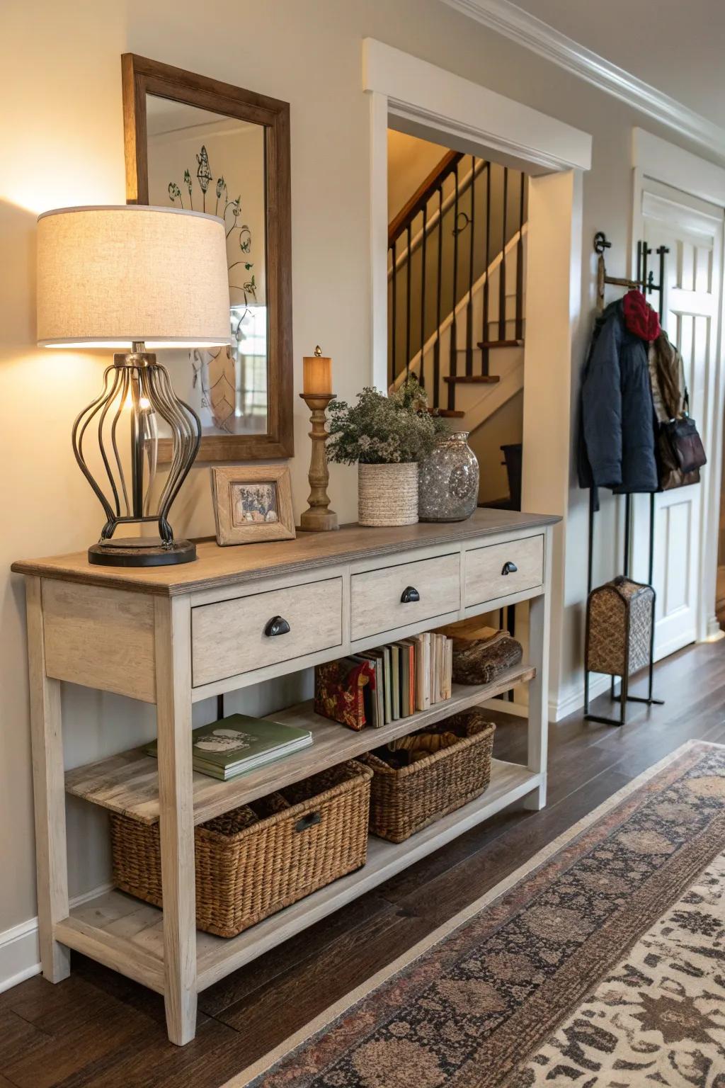 A functional console table provides storage and enhances style.