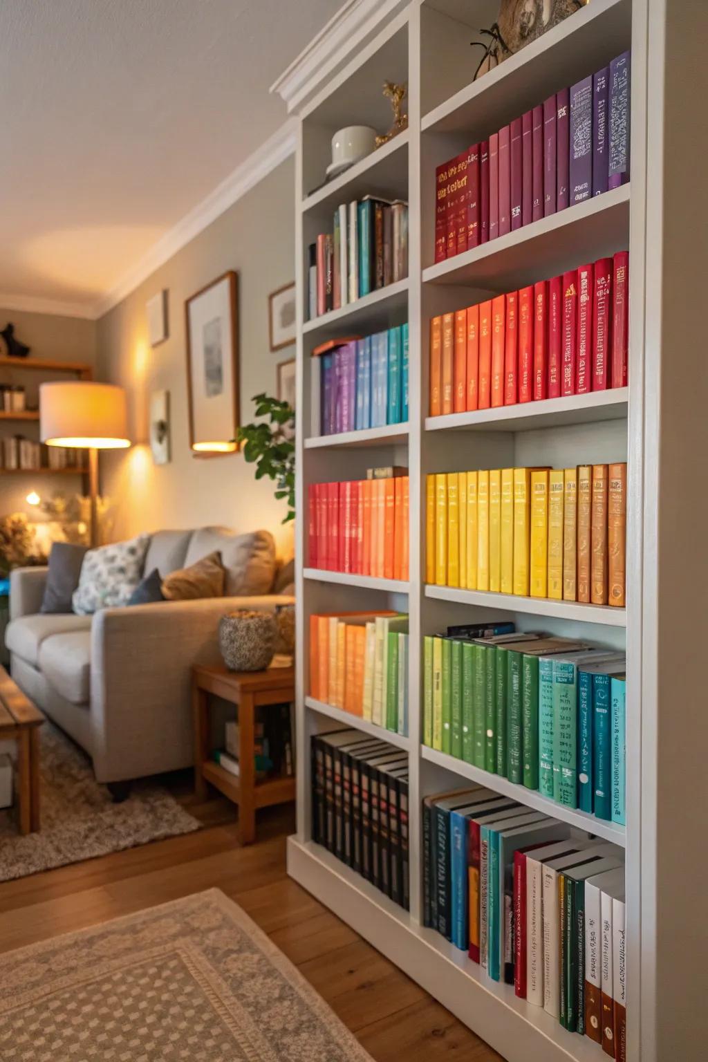 Books arranged by color can be a stunning decorative element.