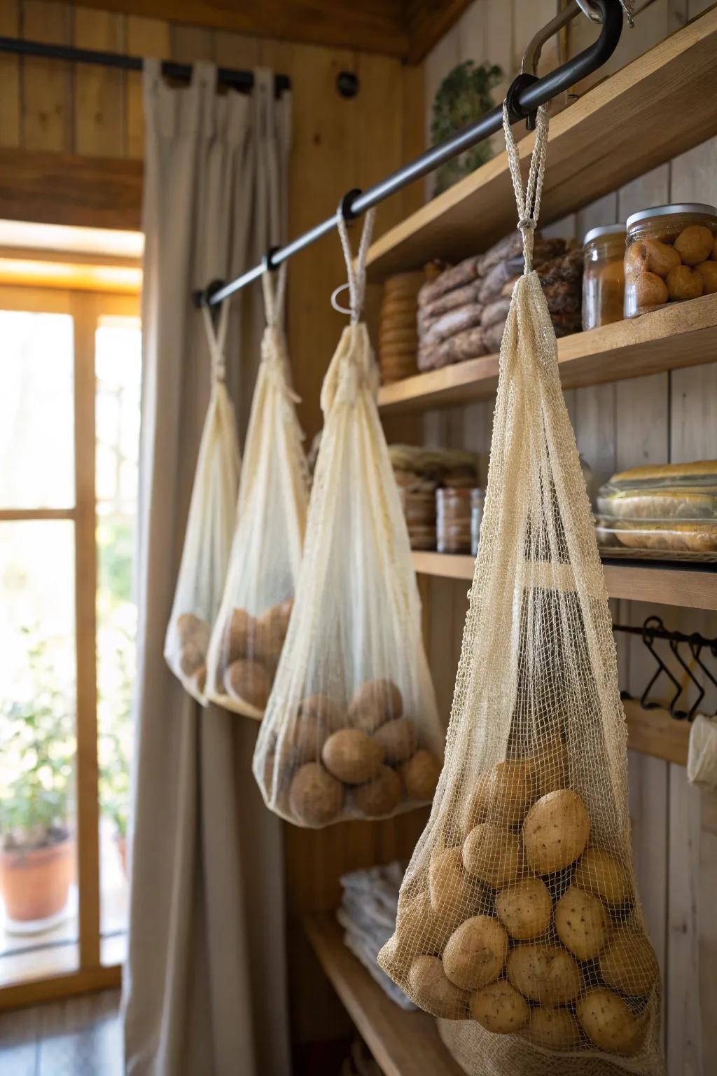 Curtain rod repurposed for innovative potato storage.