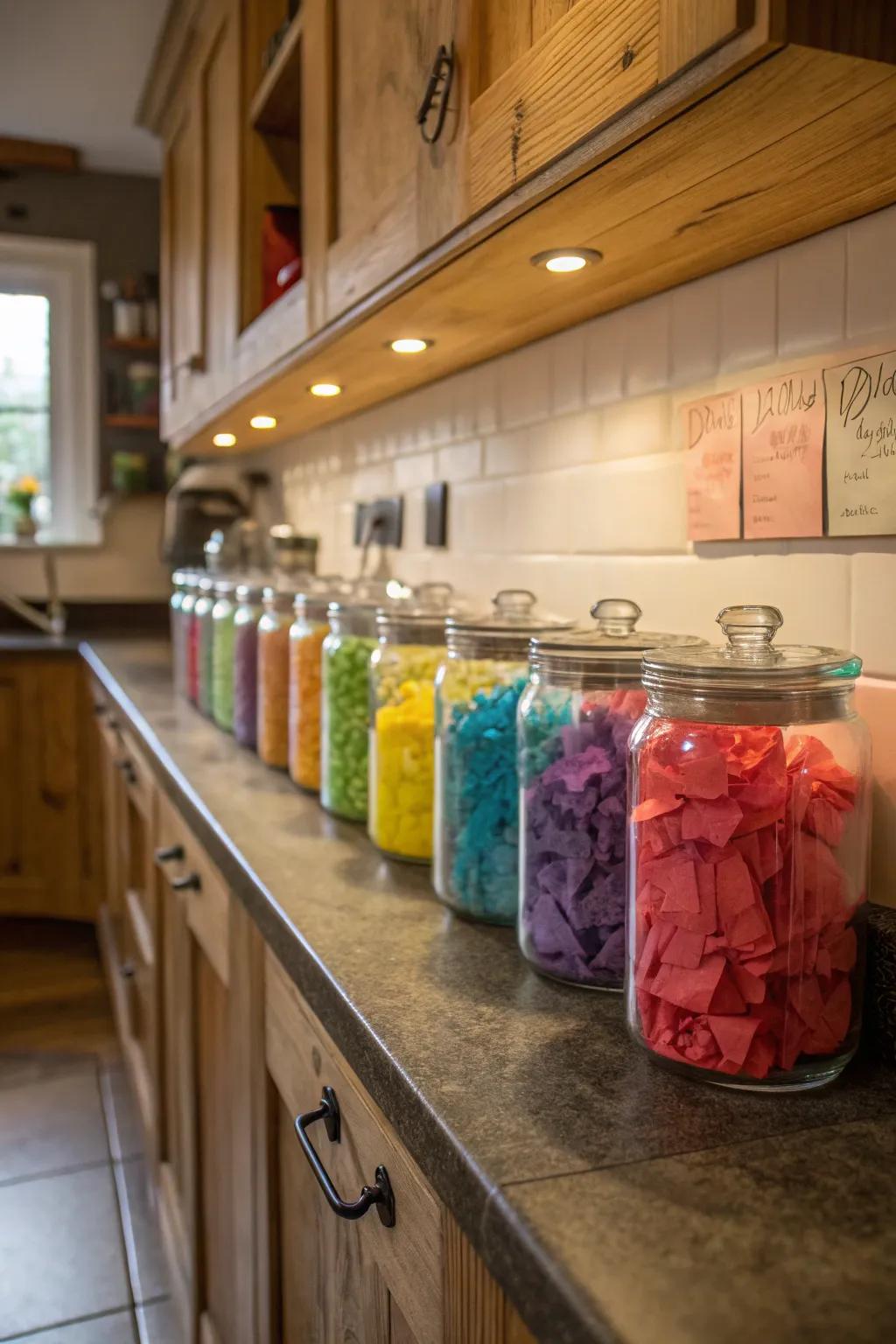 Glass jars offer a decorative way to store small tissue paper sheets.