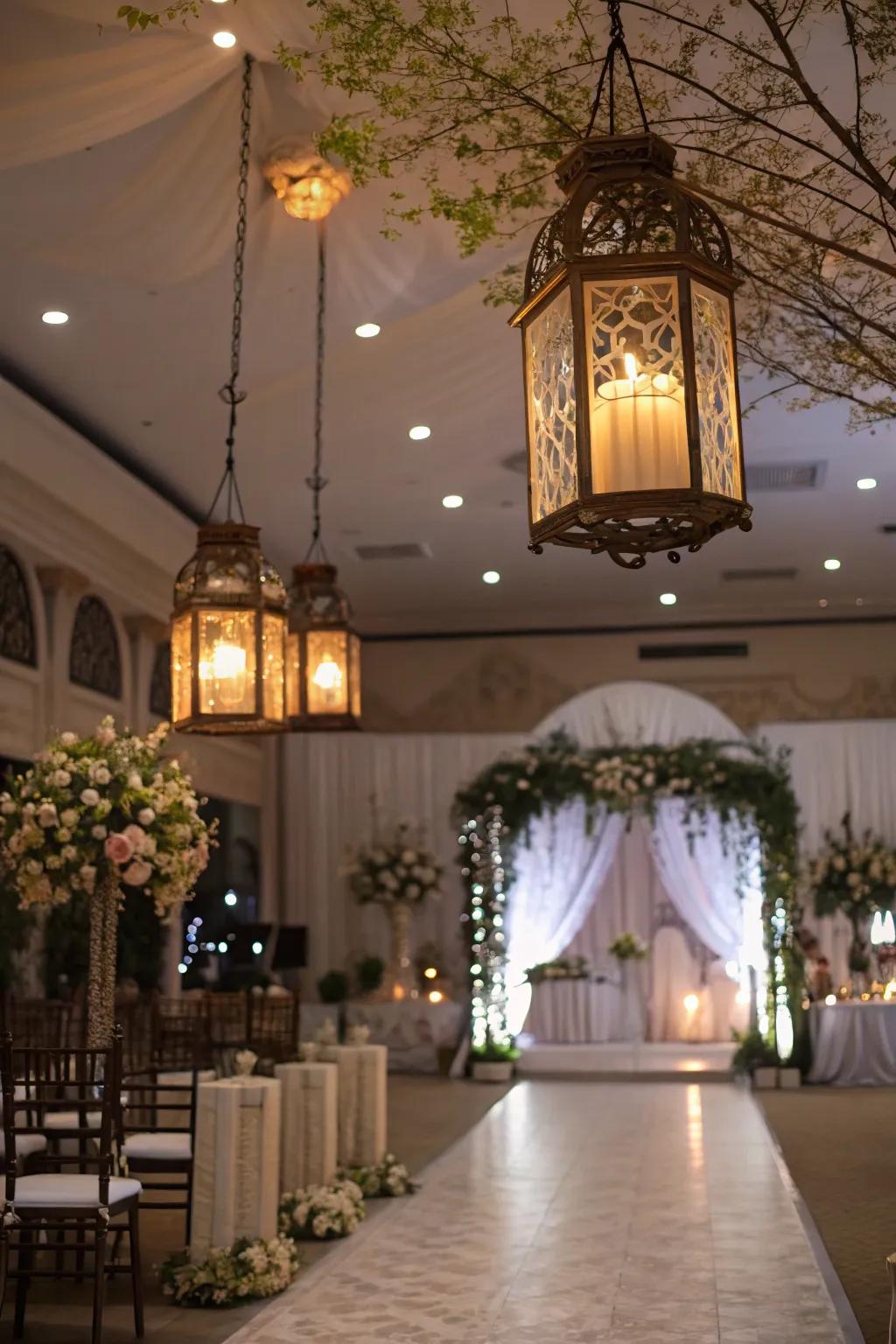 Hanging lanterns providing sophistication and cultural flair to the wedding.