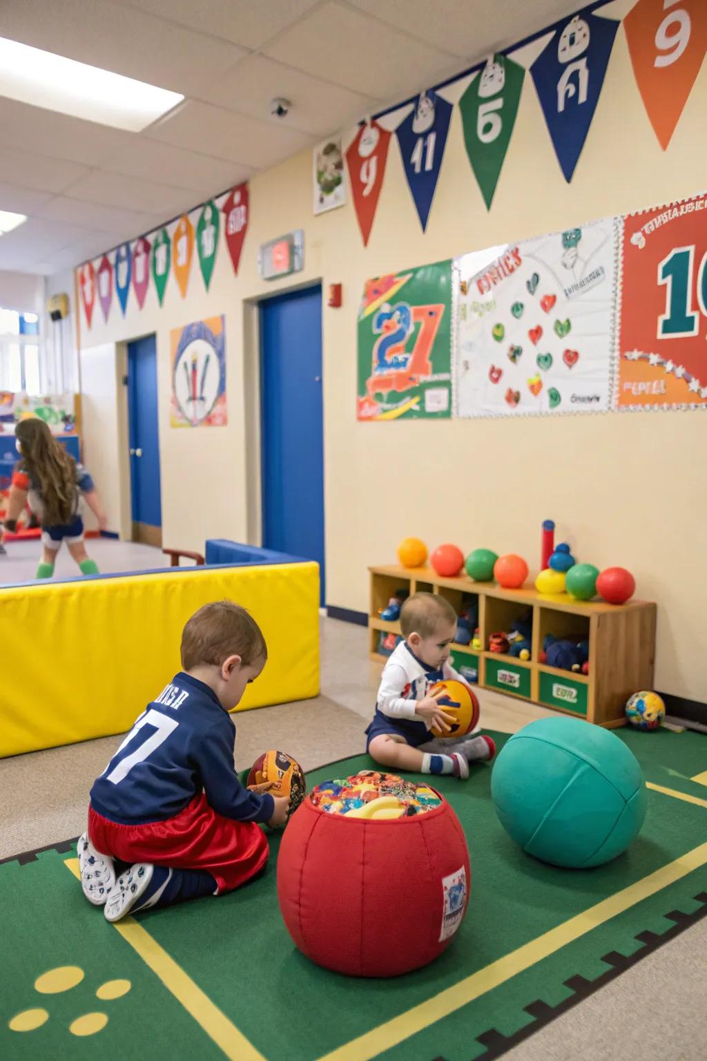 A lively sports arena classroom that promotes play and collaboration.