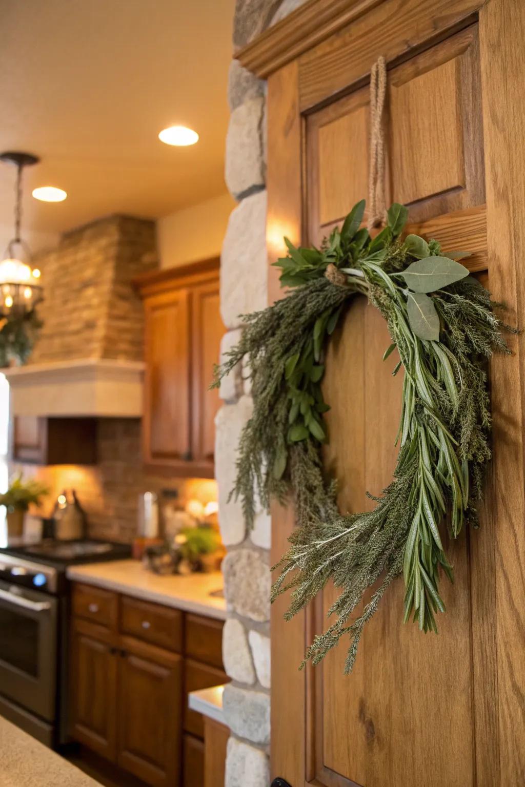 Herbs like rosemary add a fresh and fragrant touch to winter wreaths.