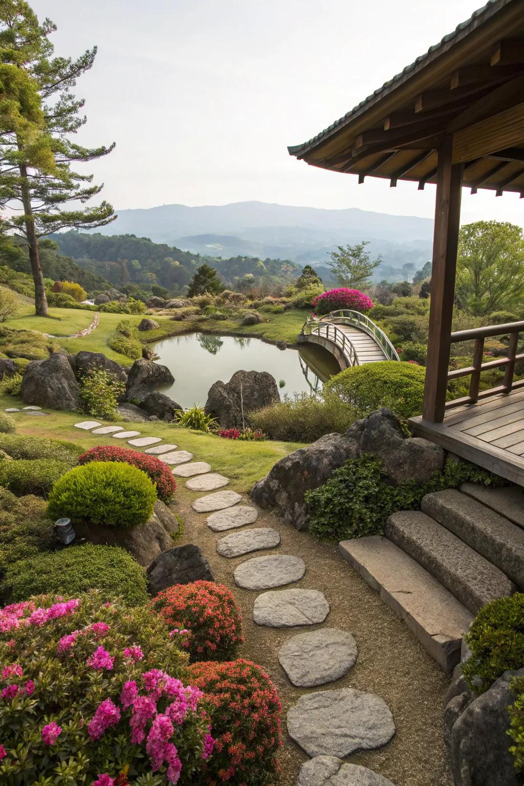 A viewing platform overlooking a Japanese garden landscape.