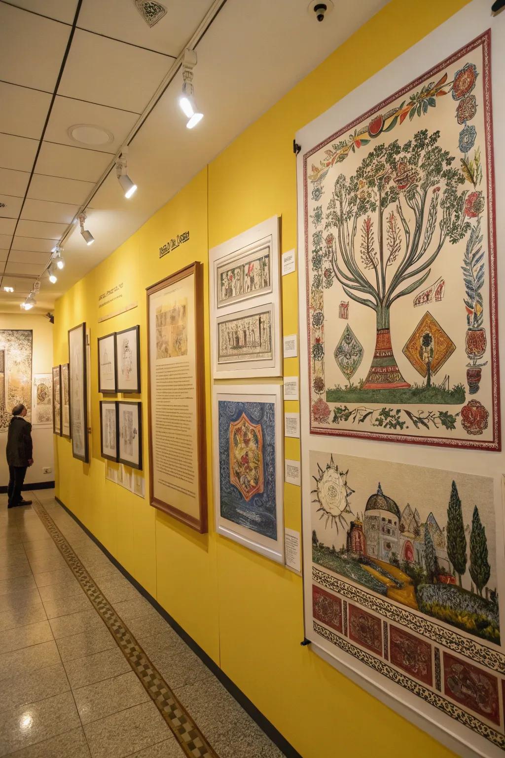 Jewish art prints transforming a gallery wall into a cultural display.