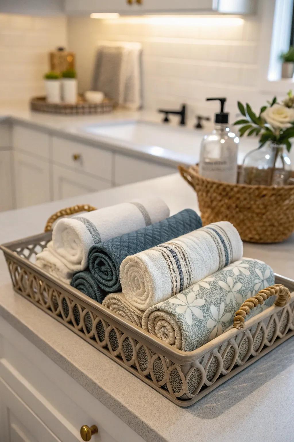 Towels in a tray offer a neat and stylish presentation.