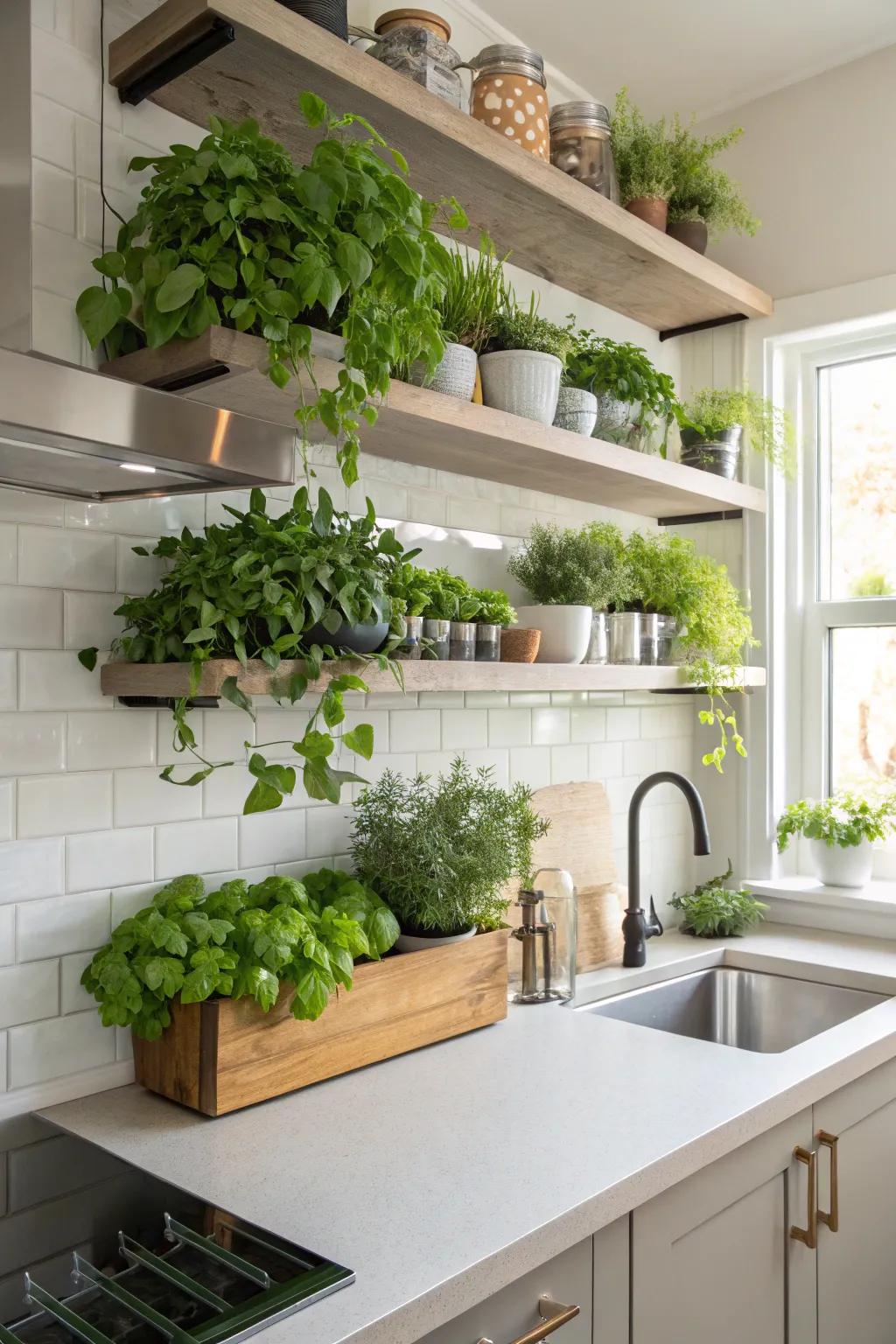 Create depth with floating greenery on sleek shelves.