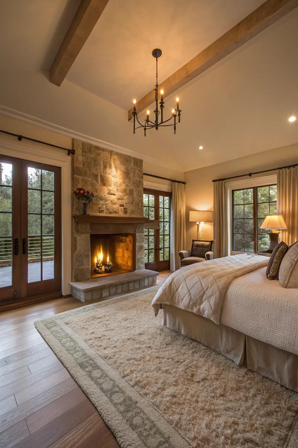 A fireplace adds warmth and serves as a focal point in this large bedroom.