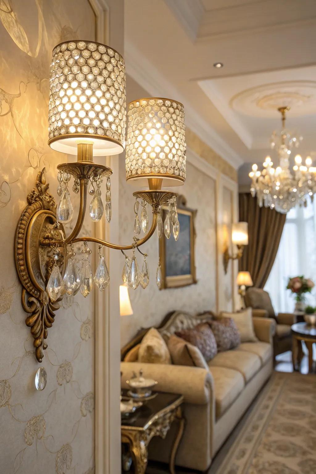 Glamorous sconces add sparkle and sophistication.