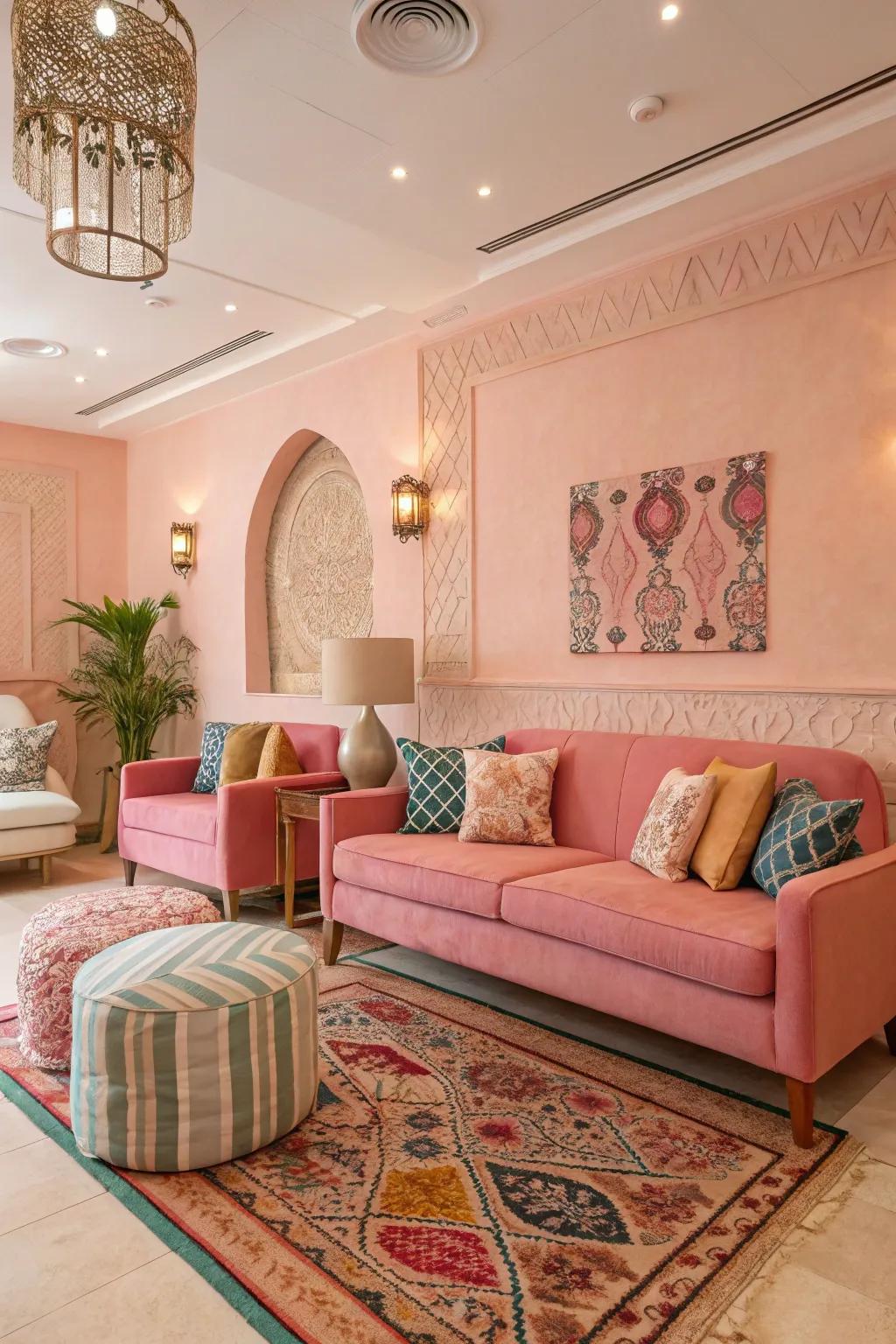 A pastel palette offers a calming and balanced atmosphere in the lounge.