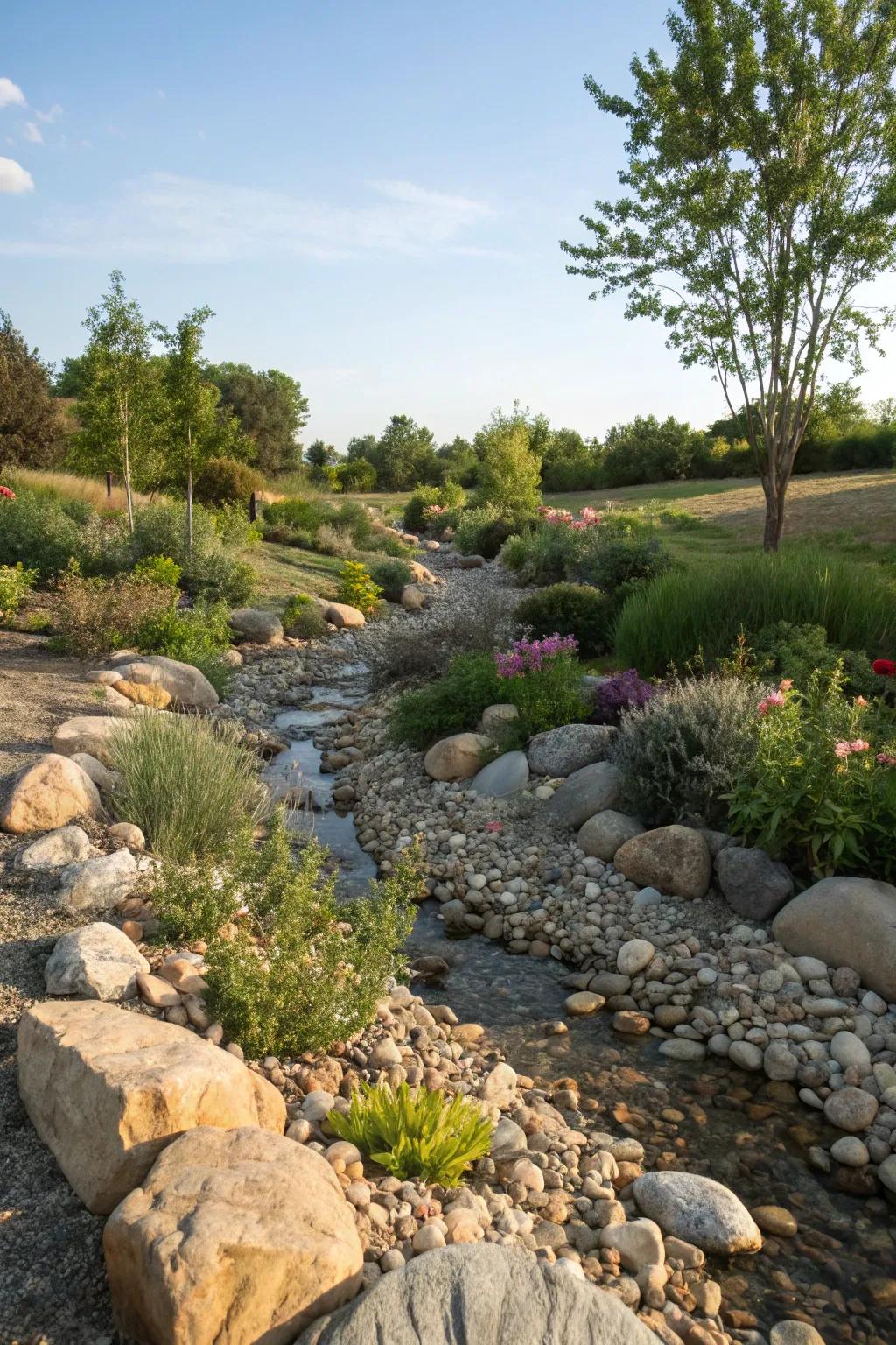 A dry creek bed adds dynamic movement.