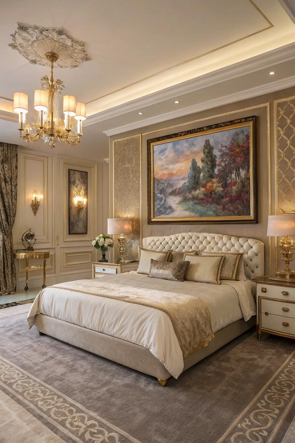 A luxurious bedroom with art that serves as a stunning focal point.