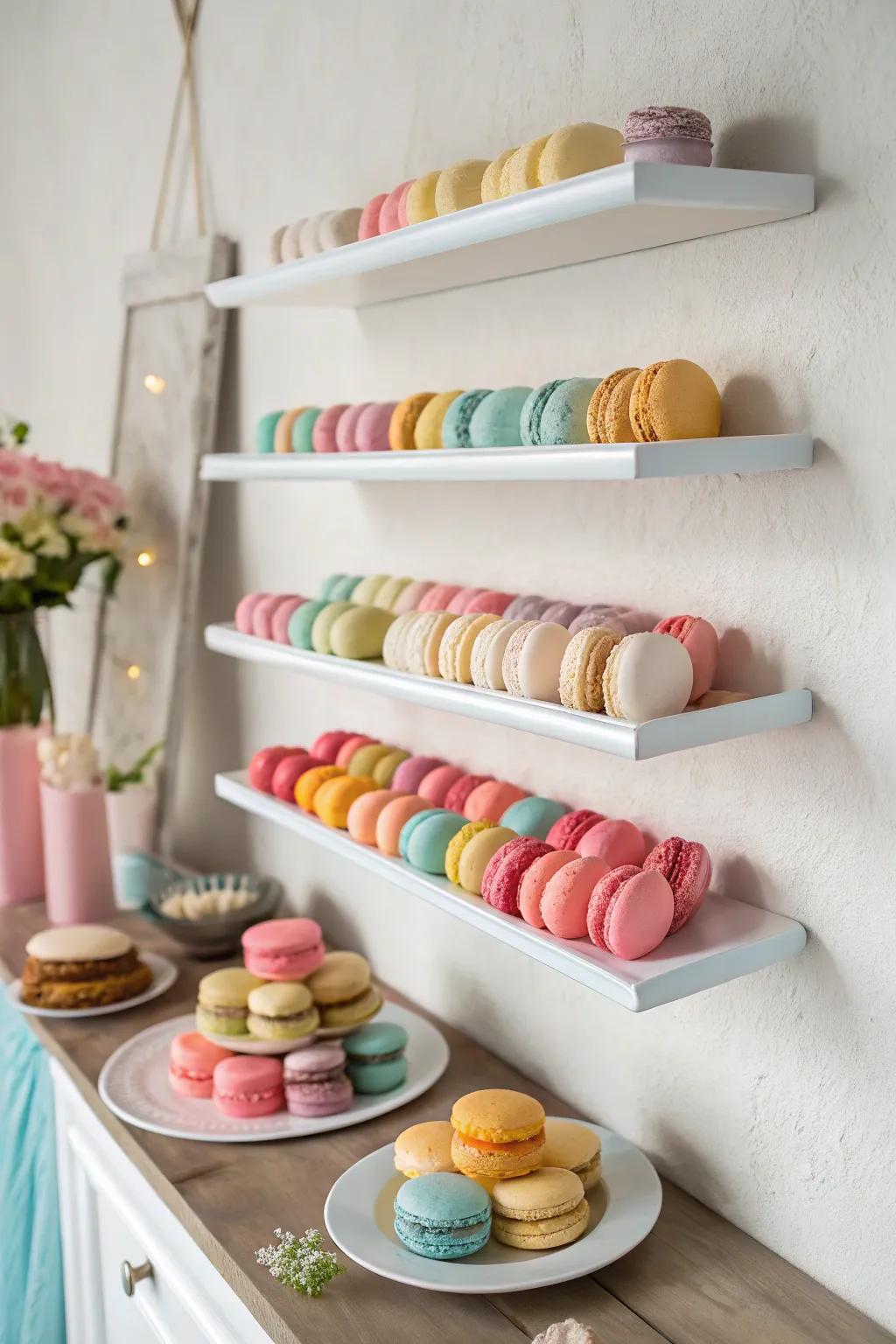 Floating shelves with neatly arranged macarons.