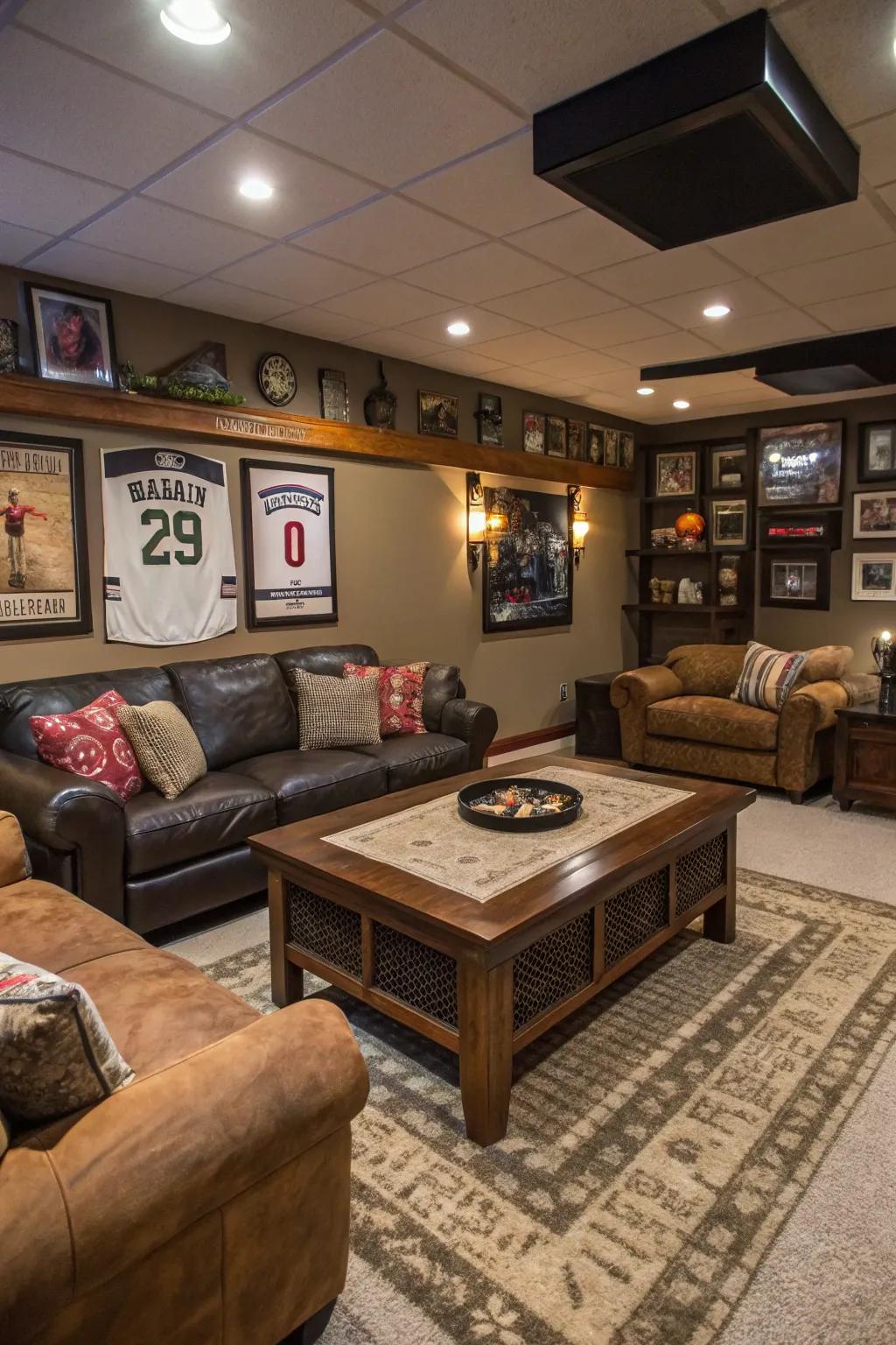 A statement coffee table anchors this stylish man cave.