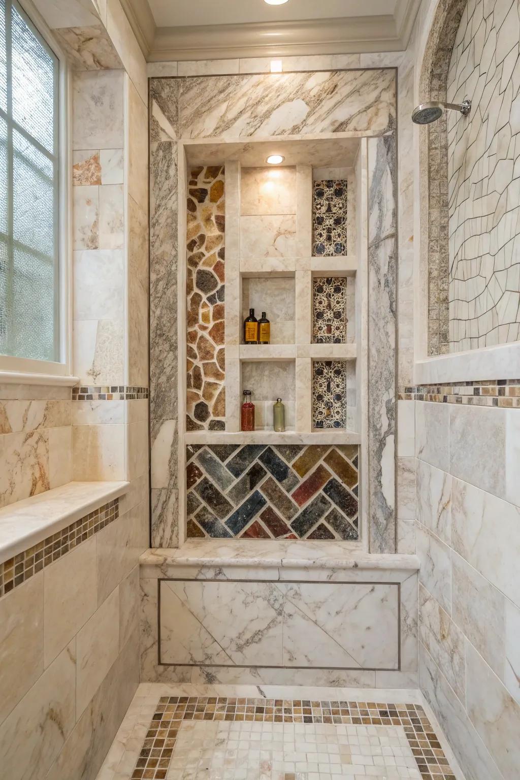 Mixing marble patterns adds a playful touch to the niche.