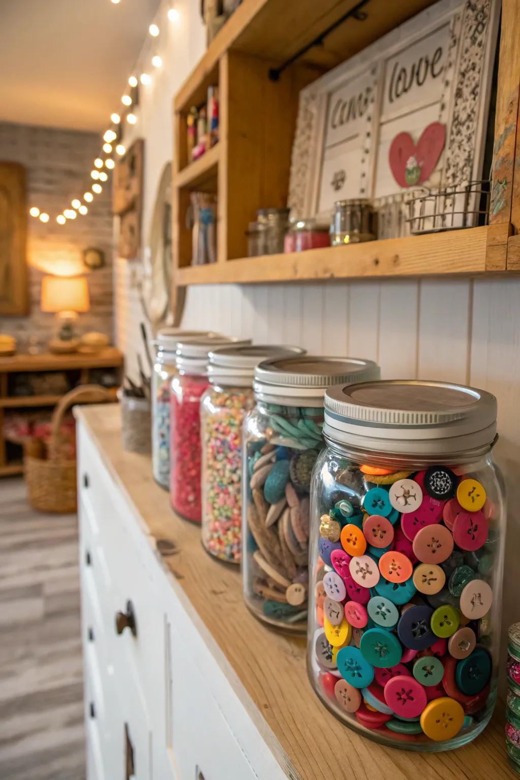 Add color and charm with antique button-filled mason jars.